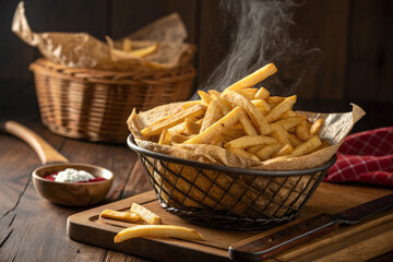 Steaming Hot French Fries in a Basket with Ketchup and Mayonnaise