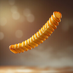 Golden Crispy Curly Fry Floating Against a Warm Blurred Background