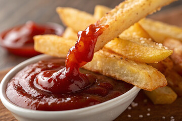 Crispy French Fry Dipped in Rich Ketchup