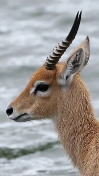 Graceful Red Lechwe Antelope with Wet Fur Standing Serene by Wavy Water Body.