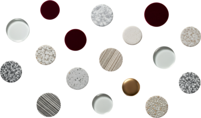 Collection Of Circular Material Samples Including Marble Granite Resin Wood Patterns Pebbles And Metal On A Transparent Background
