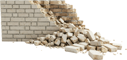 Broken beige brick wall crumbling into a pile of debris and rubble Demolition Crumble Construction Damage Material Texture