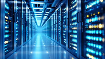 Server room with rack servers and glowing light indicators in datacenter