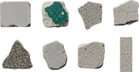 Collection of textured concrete fragments one with peeling green paint and another showing fine cracks rough construction
