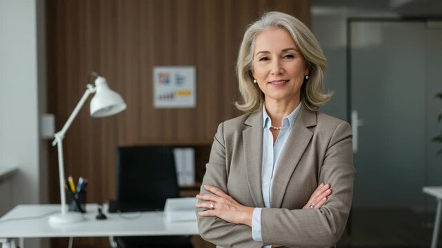 Confident senior business leaders smiling in a modern office setting with desk and computer