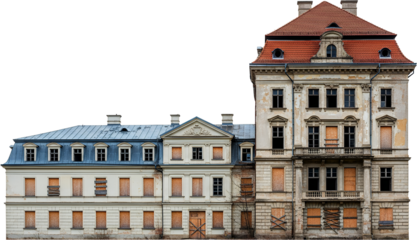 An aged architectural facade of an abandoned historic building showcasing weathered walls boarded windows and a decaying mansard roof