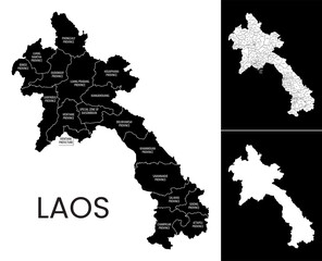 map of Laos with country administrative division into Provinces and Districts, detailed black and white vector illustration