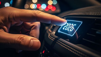A hand pressing a futuristic digital button displays the year 2026 on the dashboard.