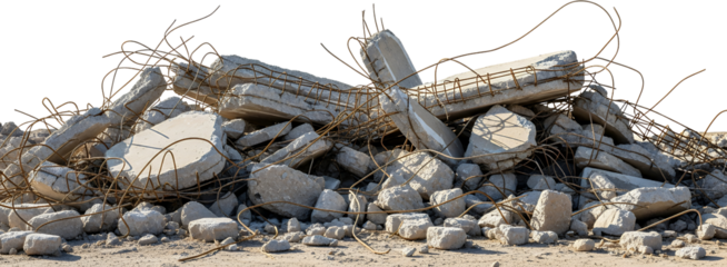 Pile of broken concrete debris with exposed rusty rebar and wires on a sandy surface viewed from the front demolition rubble