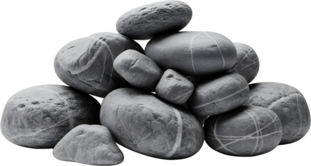 Pile of smooth weathered grey river stones with visible white veins and striations some stacked atop others Rocks Nature