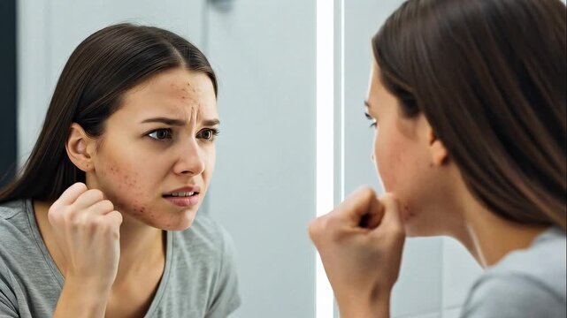 Young woman with skin problems looking anxiously at her reflection in a mirror.