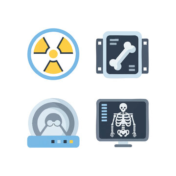 Flat lay of four medical icons including radiation symbol, x-ray film, MRI scan, and skeleton on a monitor against a clean white background.