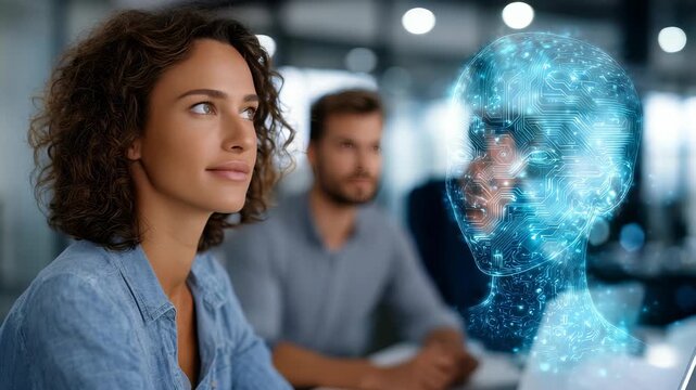 A professional woman engages with a glowing AI interface, symbolizing the integration of artificial intelligence in business. The scene highlights digital transformation and tech driven progress