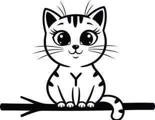 Cute cartoon black and white cat sitting happily on a wooden branch, featuring a smiling kitten with striped fur and large expressive eyes for pet, animal, or children's design