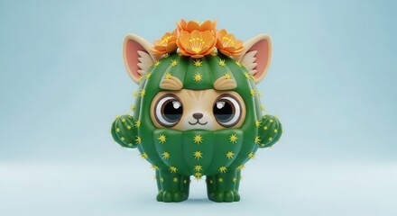 Adorable stylized feline character wearing a detailed cactus costume with vibrant orange blossoms