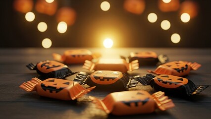 Jack-o-lantern candies on a wooden table with bokeh lights in the background.
