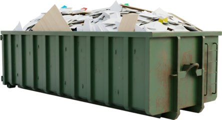 A large green rusty metal dumpster filled to capacity with construction debris including plasterboard wood scraps and colored paper