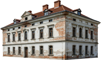 Old weathered european building with peeling white plaster revealing brick structure and red tile roof old building European architecture