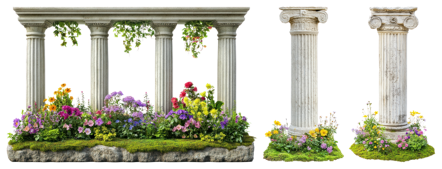 PNG Ancient columns adorned flowers, element set on transparent background