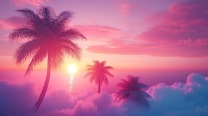 Obraz premium Sunset over clouds, palm trees floating. Stock photo