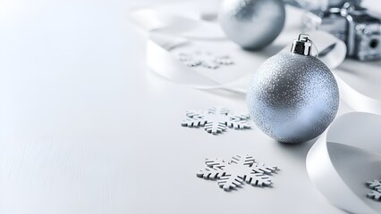 Elegant Silver Christmas Ornaments and Snowflakes on a White Background