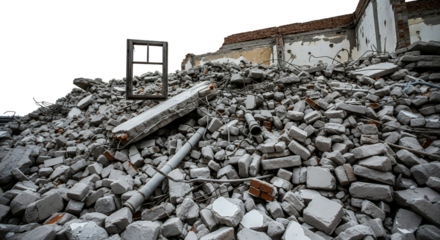 Pile Of Rubble And Debris From A Destroyed Building Featuring Broken Concrete Blocks Bricks Pipes And A Wooden Window Frame Against A Transparent Background