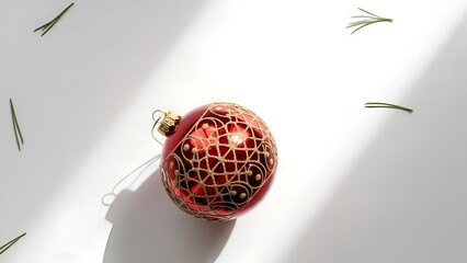 Festive Red Christmas Ball with Gold Design and Pine Needles