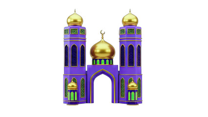 Obraz premium 3D Rendered Mosque with Golden Domes and Purple Walls on White Background