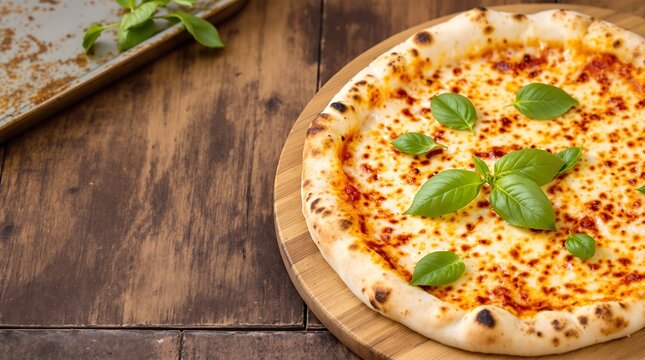 Italian margherita pizza with basil leaves on wooden platter - Powered by Adobe