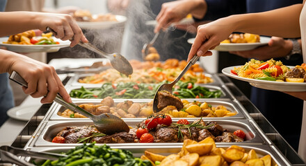 People choosing food from a steaming buffet, filling their plates with diverse dishes at a catered event.