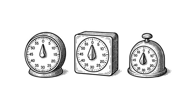 Vintage kitchen timers in detailed line art illustration on white background