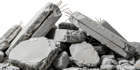 Pile of broken concrete debris with exposed steel rebar representing construction waste and demolition rubble material ruin
