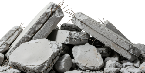 Pile of broken concrete debris with exposed steel rebar representing construction waste and demolition rubble material ruin