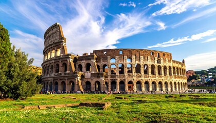 Ancient Roman Colosseum Amphitheater Majestic Stone Structure Golden Hour Sunlight Green Grass...
