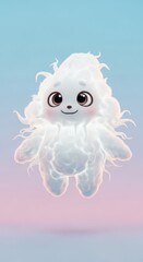 Obraz premium Adorable fluffy white entity floats against a soft gradient sky background
