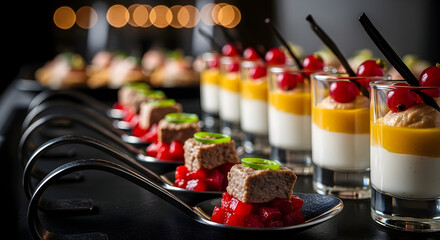 Elegant Buffet Appetizers and Desserts Assortment, Fine Dining Food Presentation