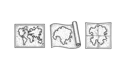 Fototapeta premium Vintage world map illustrations in different styles on a white background