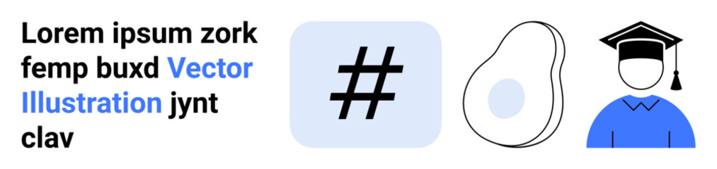 Bold text with metadata tag, avocado, and graduate figure highlighting themes thumbs up education, social media engagement, healthy living. Ideal for branding, social outreach, minimal design