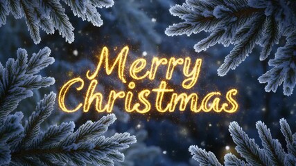 Animated Merry Christmas greeting with golden glowing text sparkling amidst a beautiful winter wonderland of frosted fir tree branches in a snowy night scene - Powered by Adobe