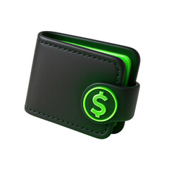Sleek 3D black wallet with glowing neon green dollar sign, symbolizing digital finance and wealth. wallet, money, dollar sign, finance, 3d render