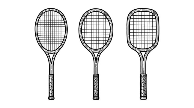 Vintage tennis rackets illustration in black and white on a clean white background
