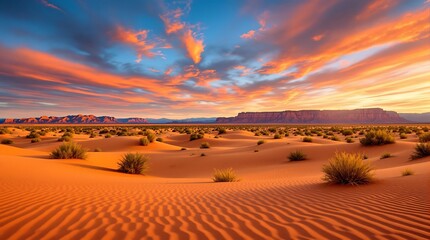Vibrant desert landscape with rolling sand dunes at sunset