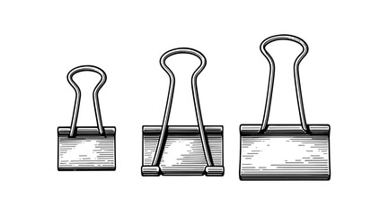 Engraved illustration of three binder clips in different sizes on white background