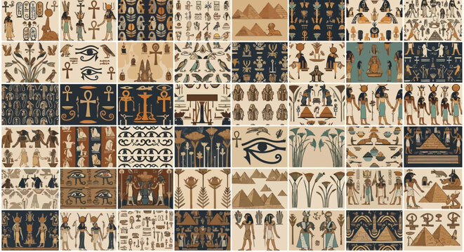 Collection of ancient Egyptian seamless patterns and symbols featuring hieroglyphs gods and cultural motifs ideal for historical themes or textile design