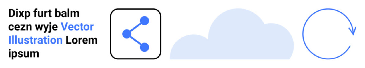 Cloud computing, file sharing, communication, data backup, technology, information services. Graphic icons include a cloud, share symbol and circular arrow. Cloud computing and file sharing