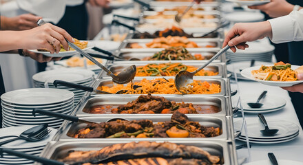 Assorted Buffet Food Selection with People Serving Plates