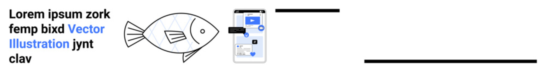Design, technology, digital interfaces, creativity, education, art concepts. Abstract fish drawing next to a smartphone UI and text elements. Design and technology concept