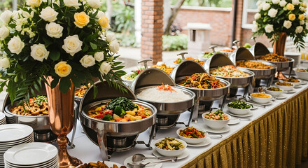 Elegant Buffet Catering Service with Assorted Dishes and Flower Arrangement