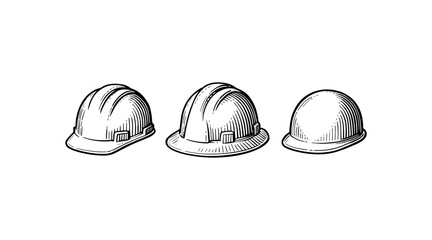 Engraved illustration of three construction hard hats in a row
