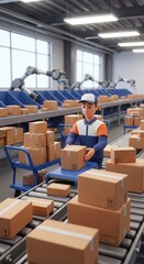 Fototapeta premium Cartoon delivery worker interacts with automated sorting system alongside numerous packages on a conveyor belt